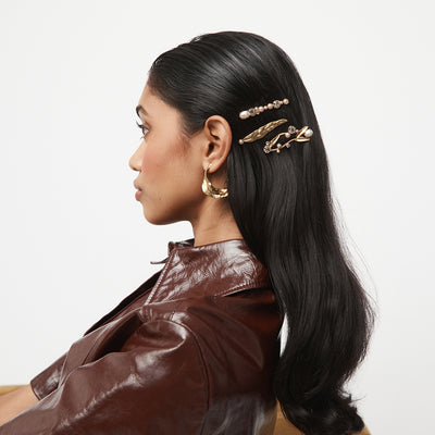 Frond Hair Clip Set - Pearl Gold