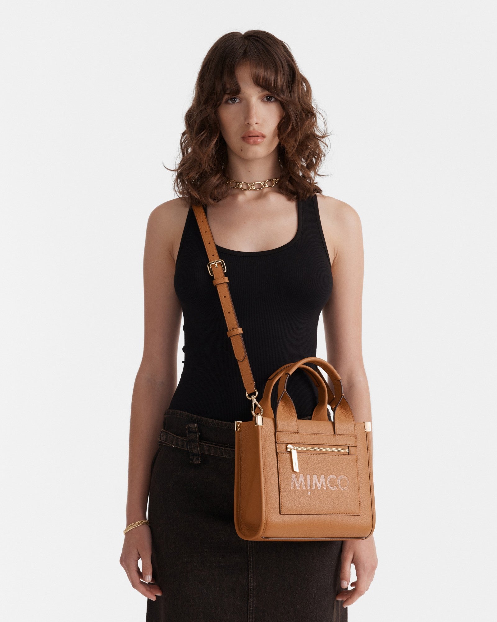 Patch Leather Mini Tote Bag - Caramel