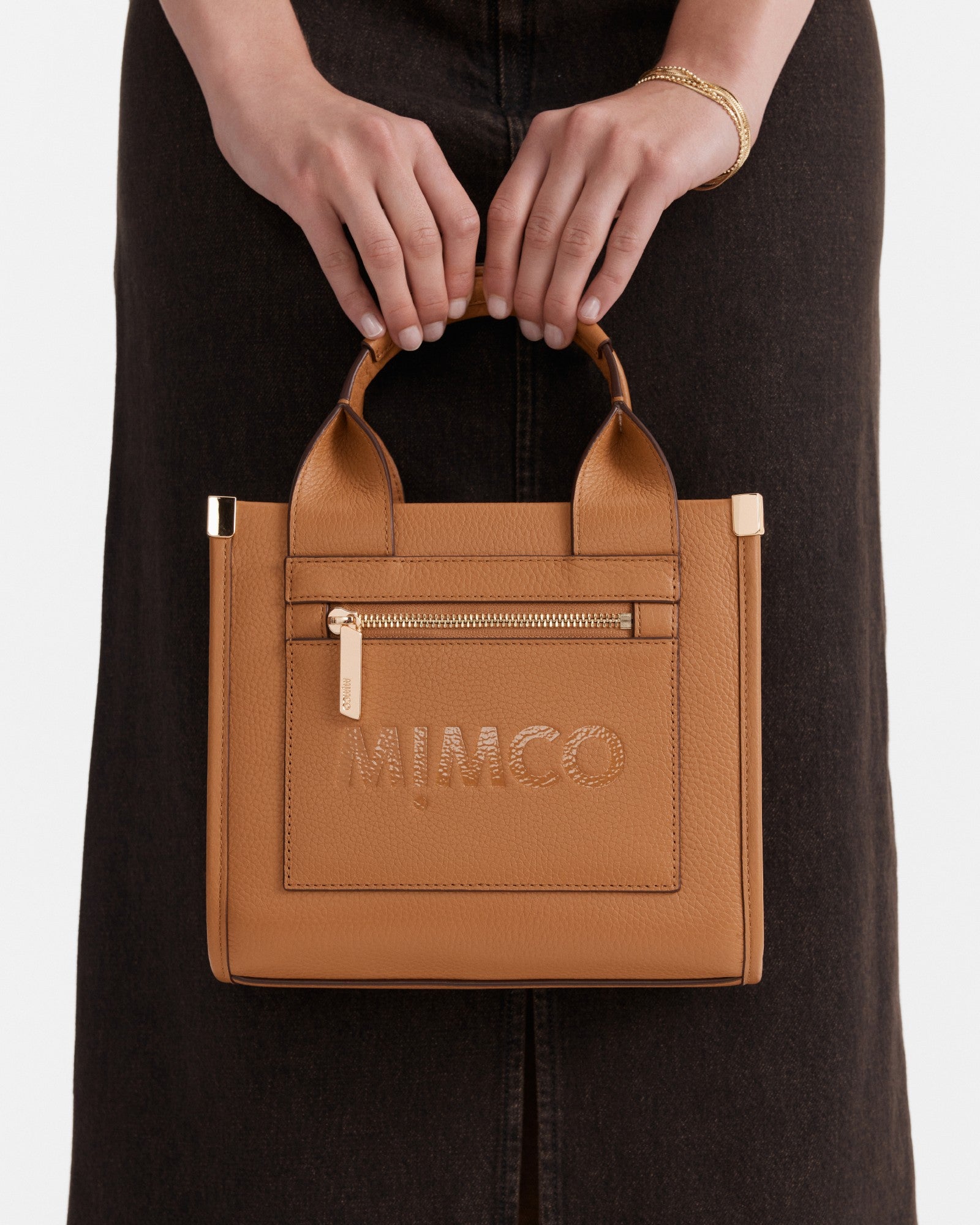 Patch Leather Mini Tote Bag - Caramel