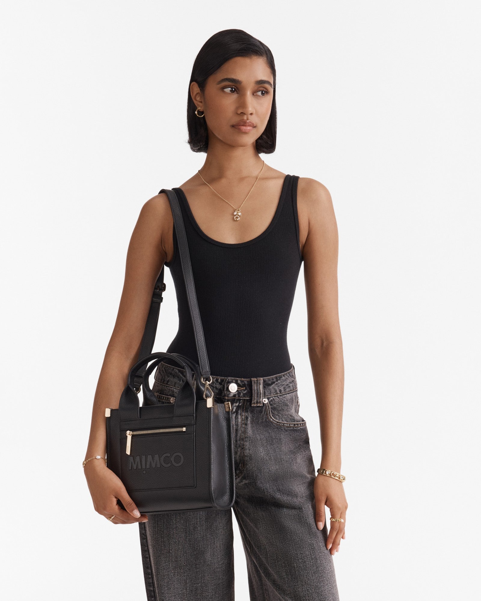 Patch Leather Mini Tote Bag - Black