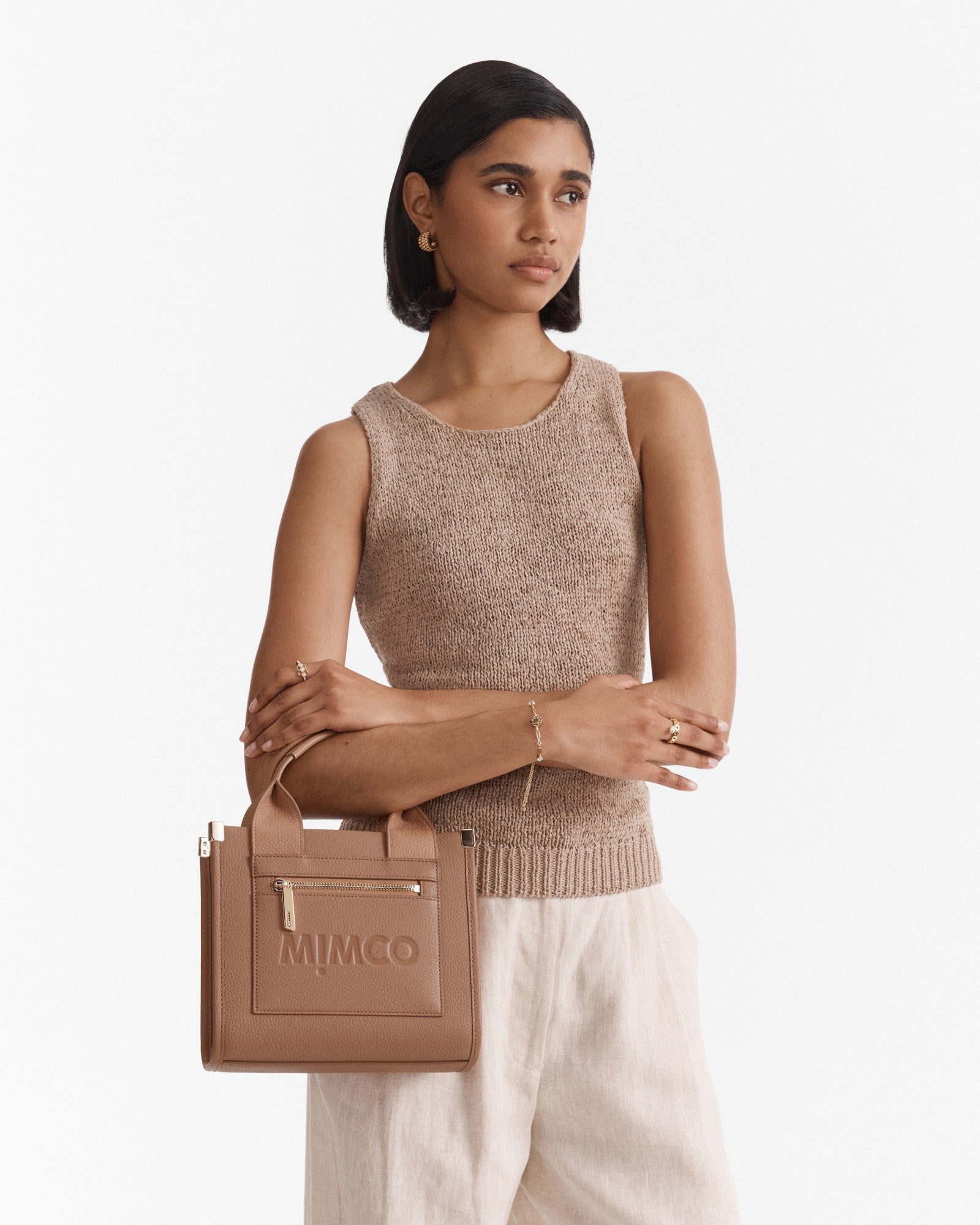 Patch Leather Mini Tote Bag - Fawn