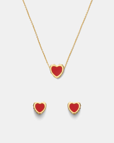 Lover Heart Earrings And Necklace Set - Red