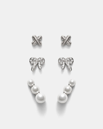 Bow Stud Earrings Set - Silver