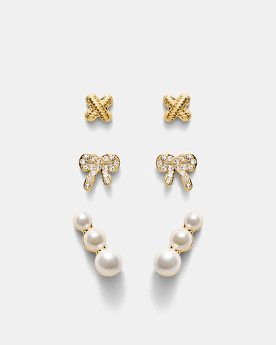 Bow Stud Earrings Set - Gold