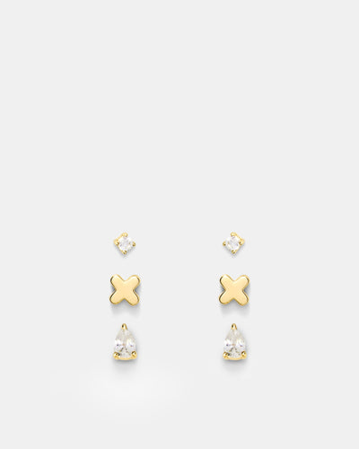 Cubic Zirconia Stud Earrings Set - Gold