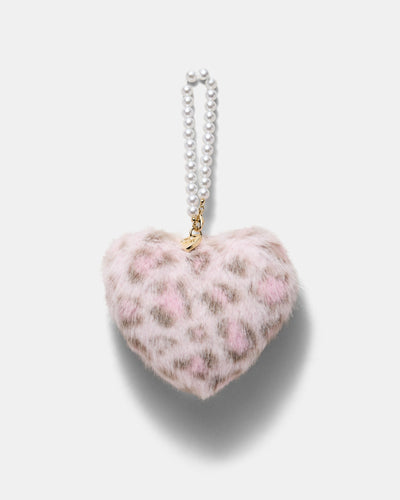 Pearl Heart Bag Charm - Pink Leopard