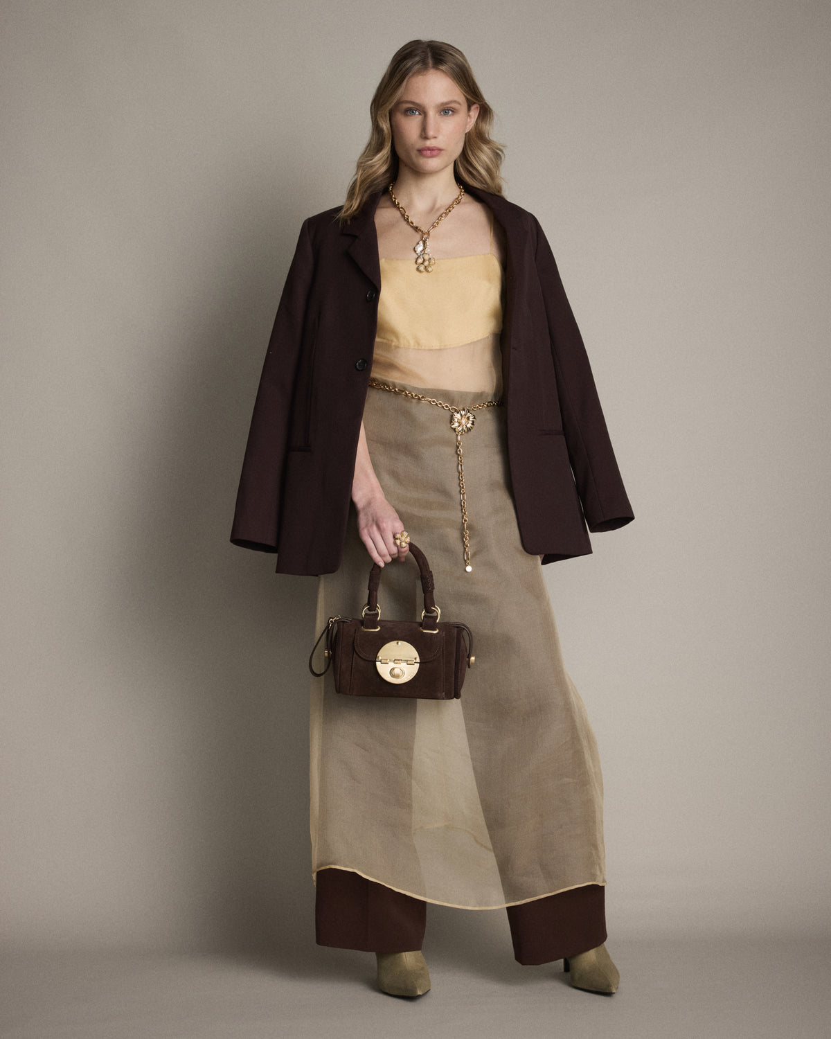 Turnlock Bowler Grab Crossbody Bag - Chocolate